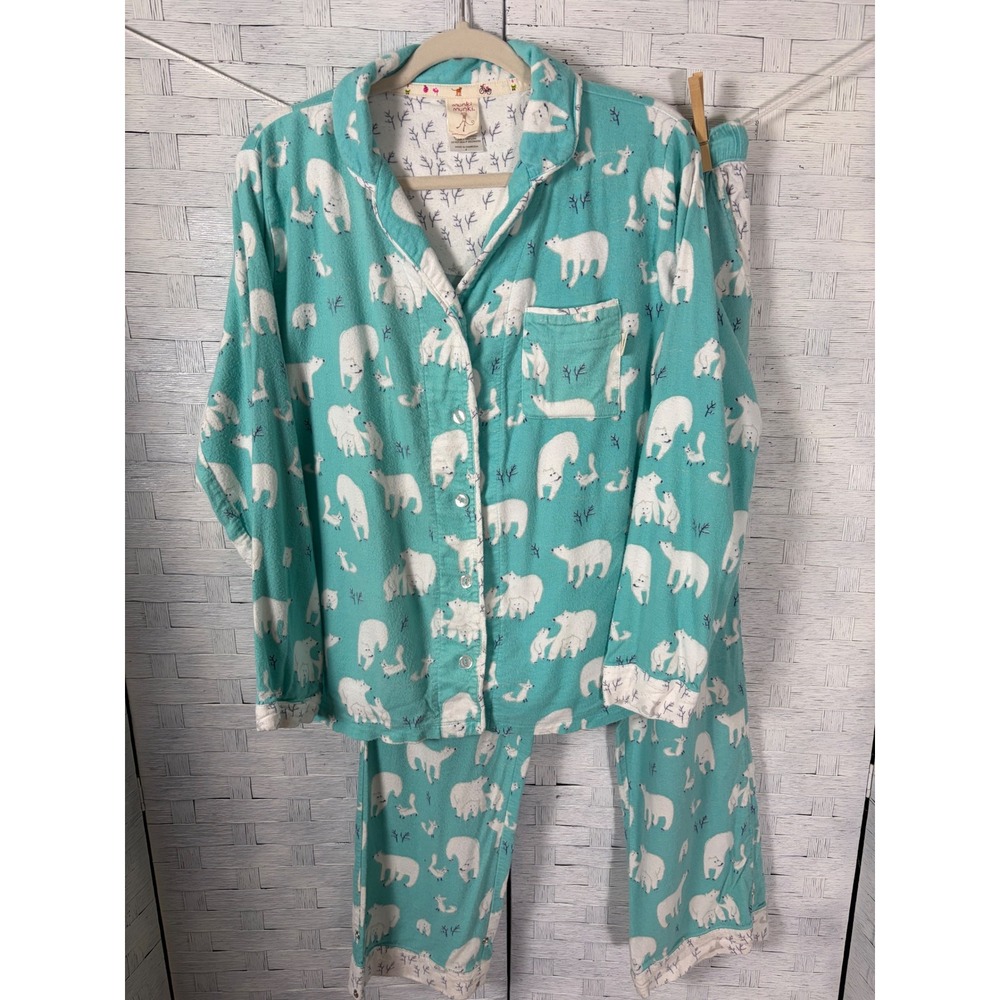 Munki Munki Polar Bear Arctic Fox Bamboo Cotton Pajama Set Turquoise Cozycore
